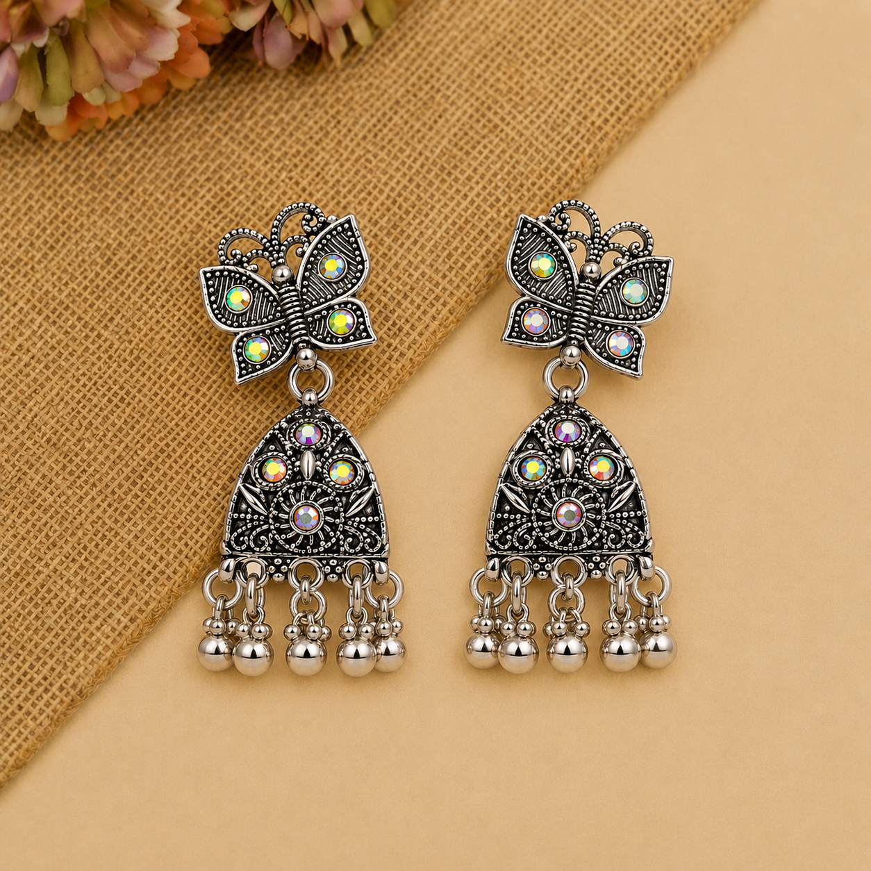 Silver Butterfly Design Traditional Jhumka Earrings for Women and Girls