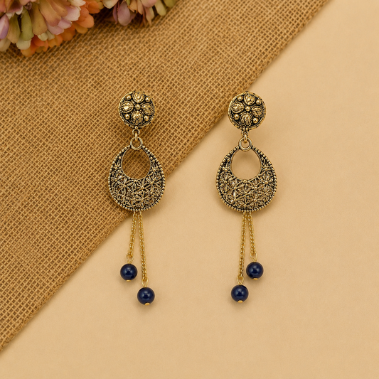 Vintage Style Artificial Drop Earrings with Blue Beads | Ethnic Fashion Earrings for Women