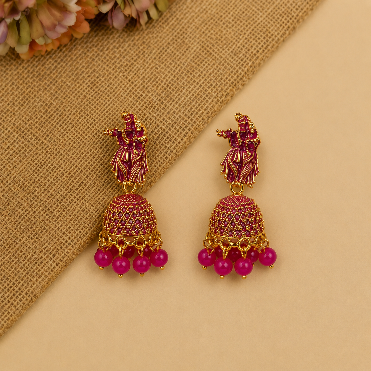 Radha Krishna Pink Jhumka Earrings for Women | Traditional Festive Earrings