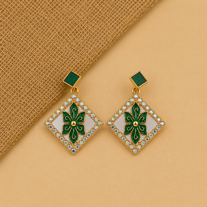 Emerald Green Floral Diamond Drop Earrings for Women | Gold-Plated Party Wear Earrings