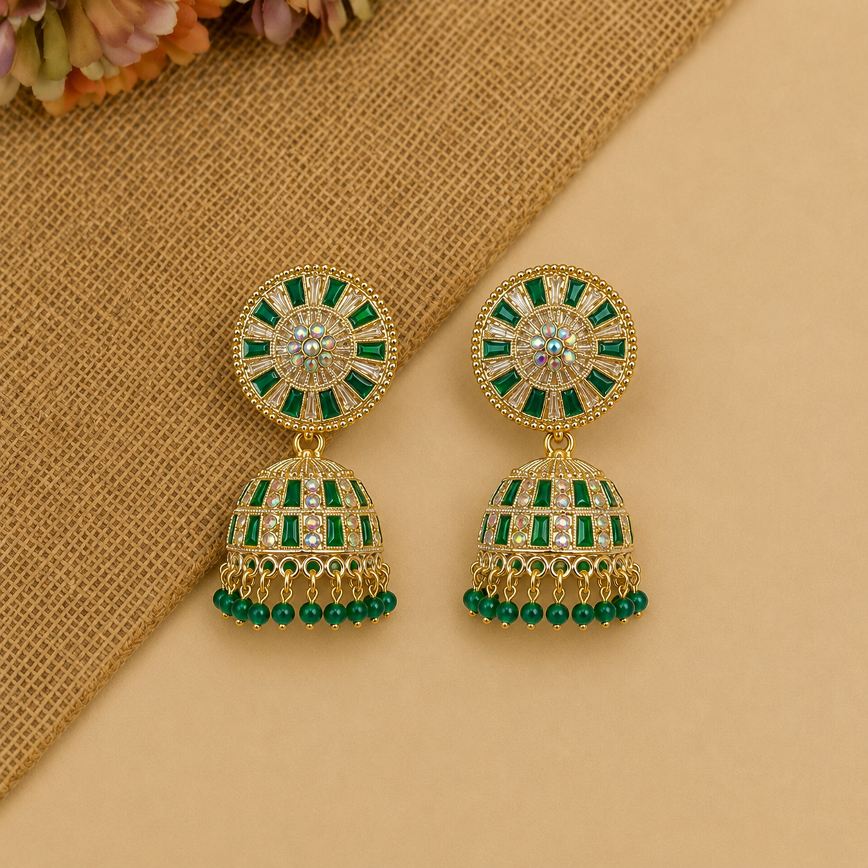 Green Golden Stone Work Traditional Jhumka Earrings for Women and Girls