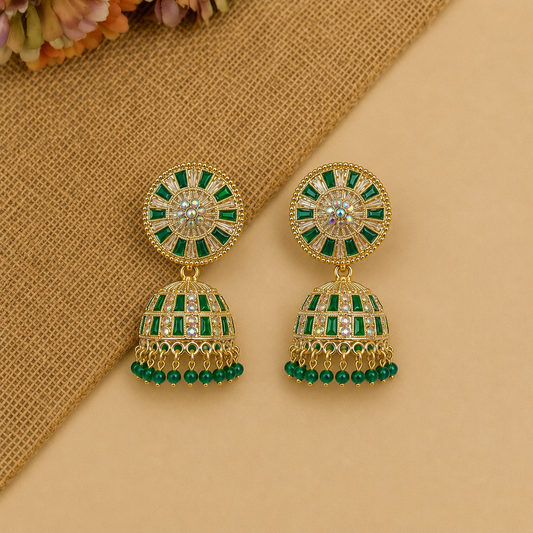Green Golden Stone Work Traditional Jhumka Earrings for Women and Girls