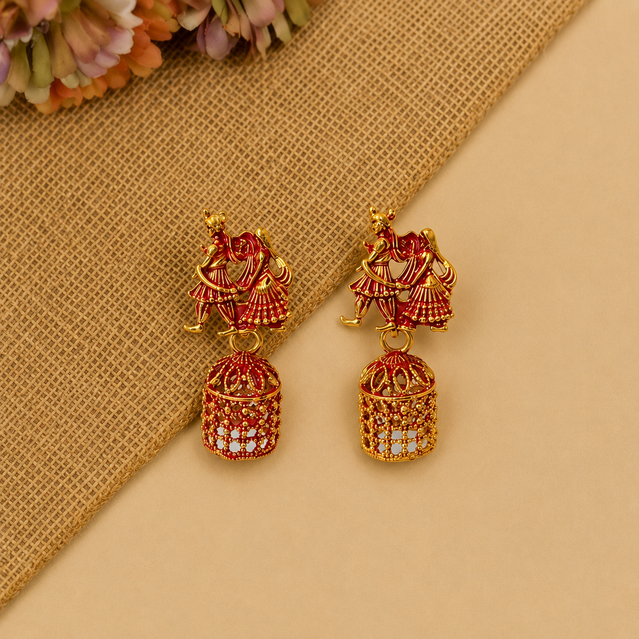 Radha Krishna Red Golden Traditional Jhumka Earrings for Women and Girls