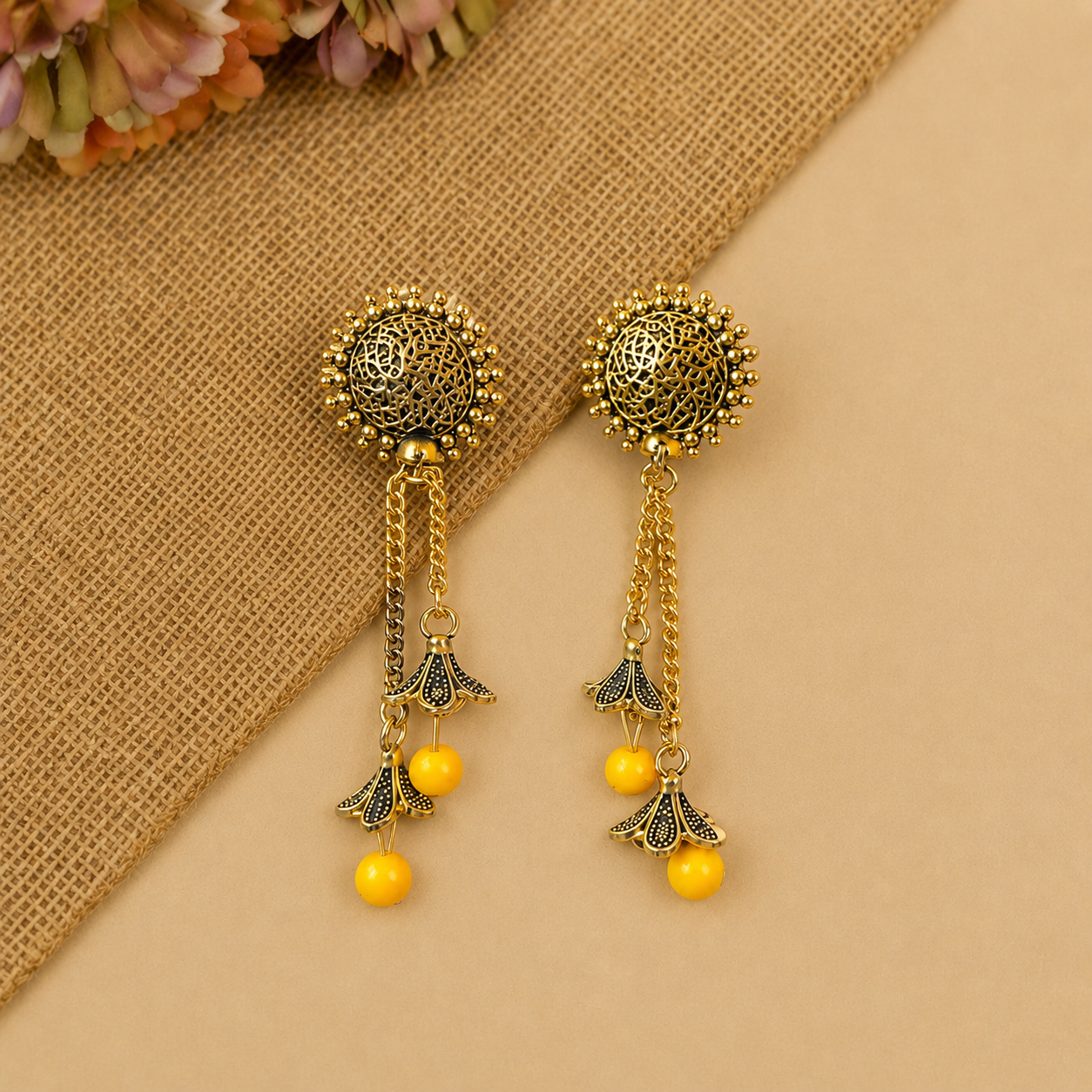Golden Yellow Bead Chain Jhumka Earrings for Women | Traditional Long Dangler Jhumkas