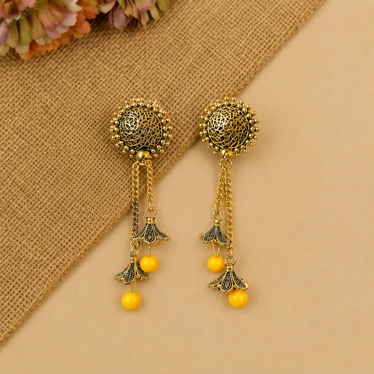 Golden Yellow Bead Chain Jhumka Earrings for Women | Traditional Long Dangler Jhumkas