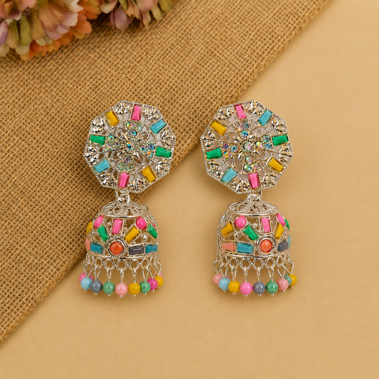 Multicolor Mosaic Jhumka Earrings with Pastel Bead Drops for Women and Girls