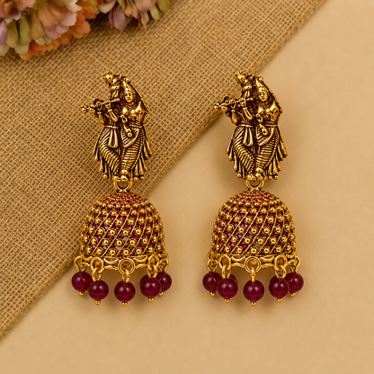 Radha Krishna Maroon Bead Jhumka Earrings for Women