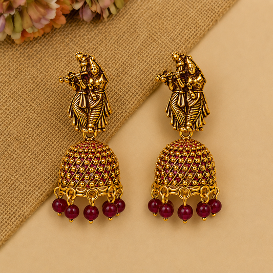 Radha Krishna Maroon Bead Jhumka Earrings for Women