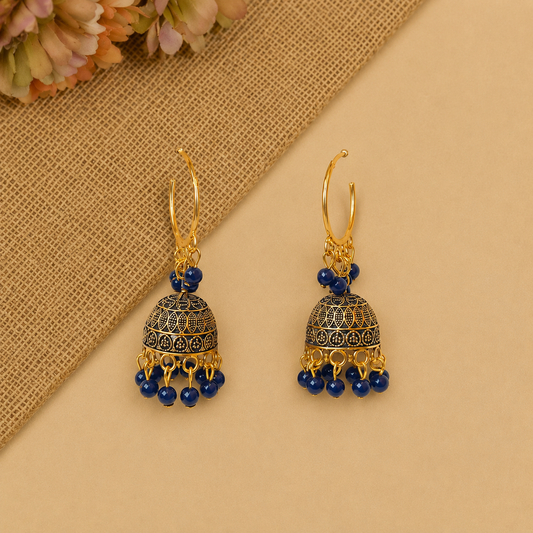 Blue Bead Hoop Jhumka Earrings for Women | Black Golden Traditional Earrings