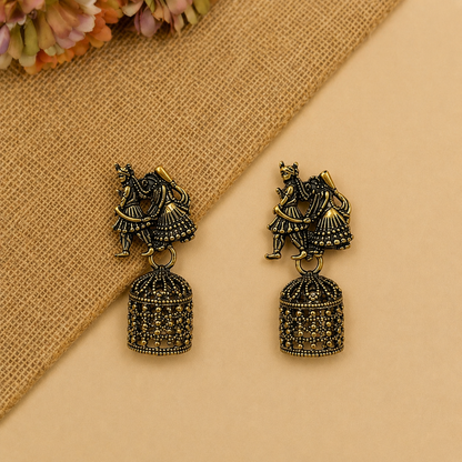 Oxidised Radha Krishna Jhumka Earrings for Women | Traditional Black Golden Earrings