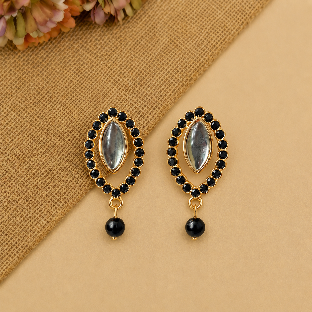 Black Onyx Look Oval Statement Earrings with Pearl Drop for Women