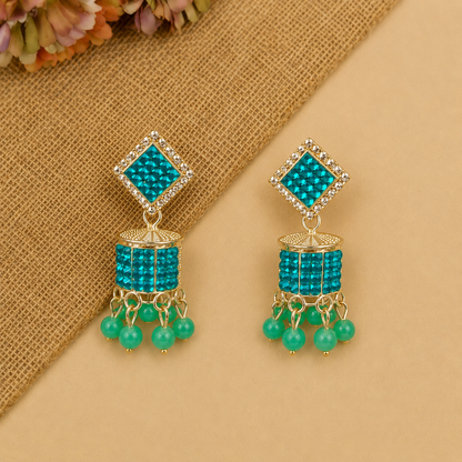 Aqua Blue Square Jhumka Earrings for Women | Stylish Stone Drop Earrings