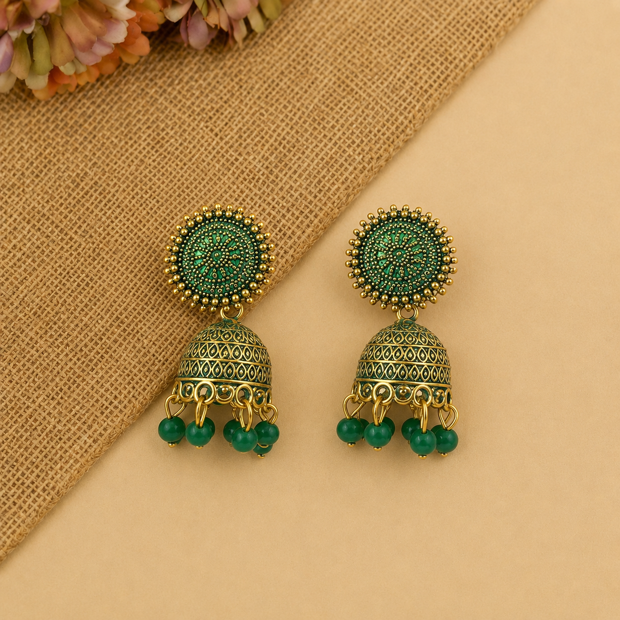 Green Bead Golden Traditional Jhumka Earrings for Women and Girls