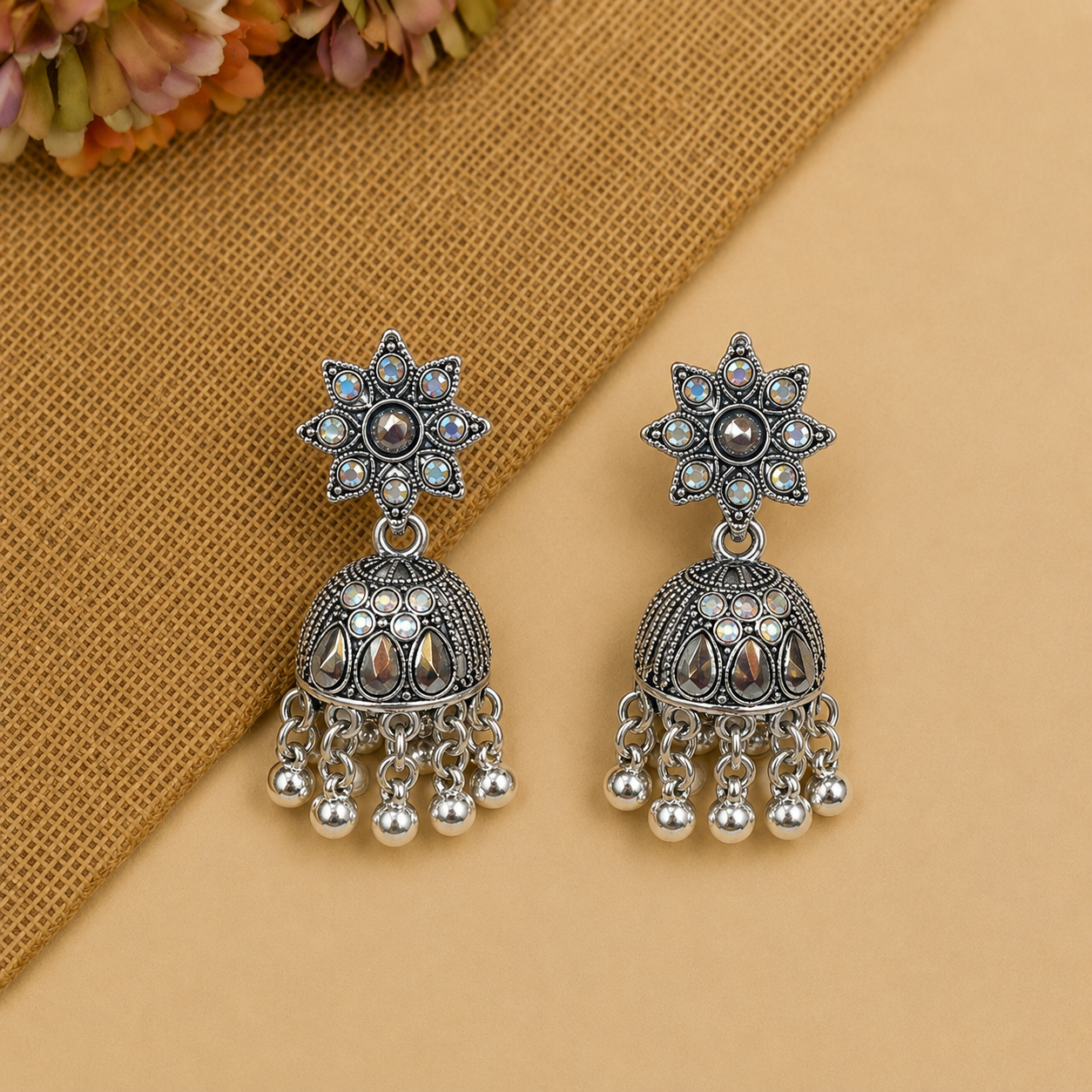 Oxidised Silver Star Jhumka Earrings for Women | Traditional Stone Earrings
