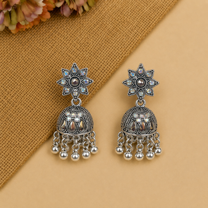 Oxidised Silver Star Jhumka Earrings for Women | Traditional Stone Earrings