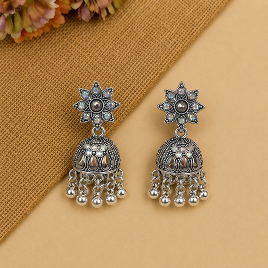 Oxidised Silver Star Jhumka Earrings for Women | Traditional Stone Earrings
