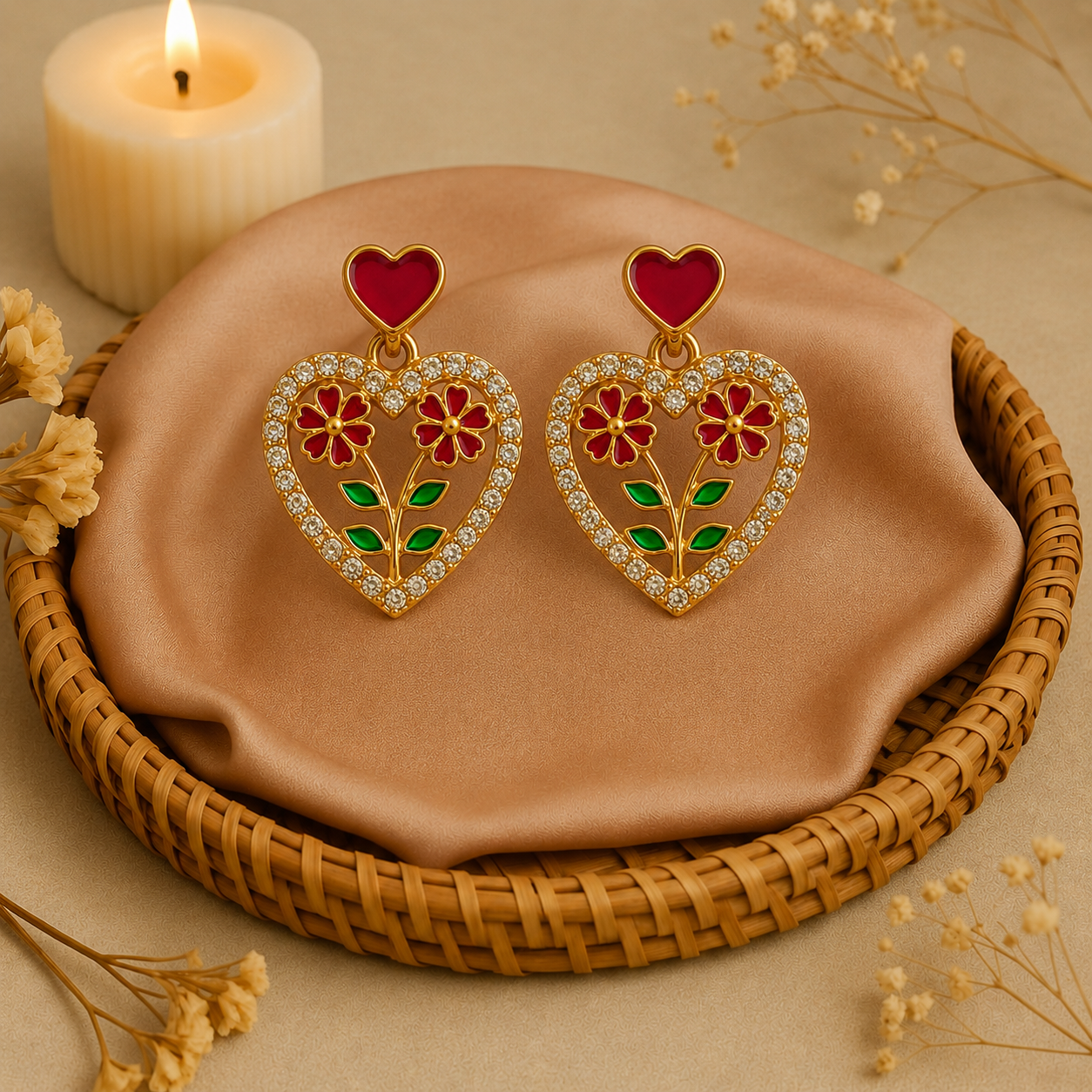 Ruby Heart Floral Crystal Earrings