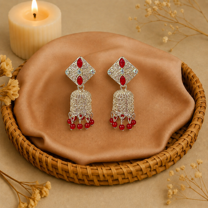 Red Stone Silver Jhumka Earrings for Women | Traditional Ethnic Drop Earrings