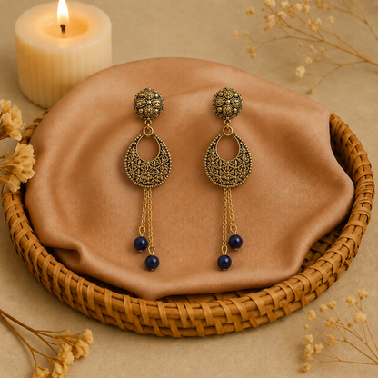 Vintage Style Artificial Drop Earrings with Blue Beads | Ethnic Fashion Earrings for Women