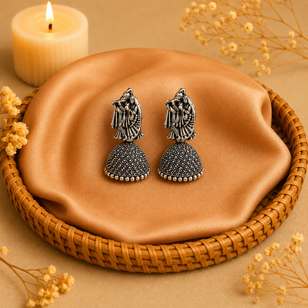 Oxidised Radha Krishna Jhumka Earrings for Women | Traditional Silver Look Earrings