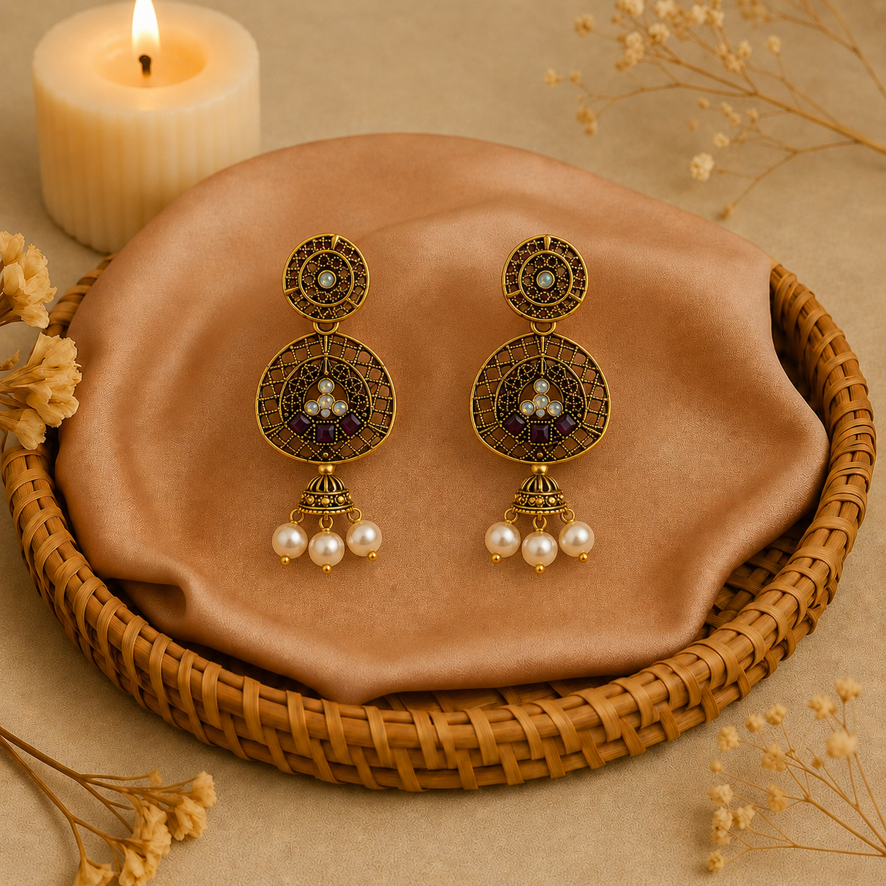 Golden Round Mirror Work Traditional Dangler Earrings for Women and Girls