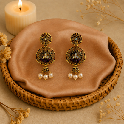 Golden Round Mirror Work Traditional Dangler Earrings for Women and Girls