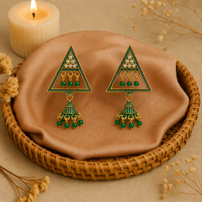 Trendy Green Triangle Jhumka Earrings for Women | Aesthetic Korean Style Ethnic Earrings
