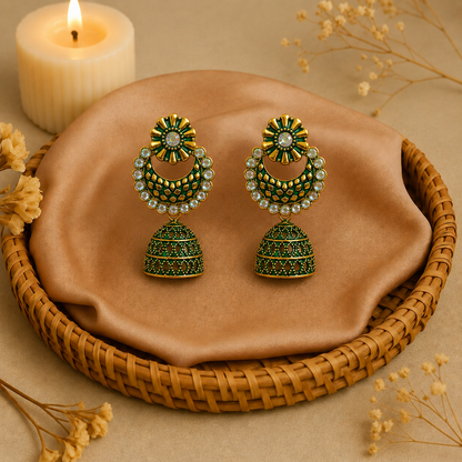 Green Golden Chandbali Jhumka Earrings for Women and Girls