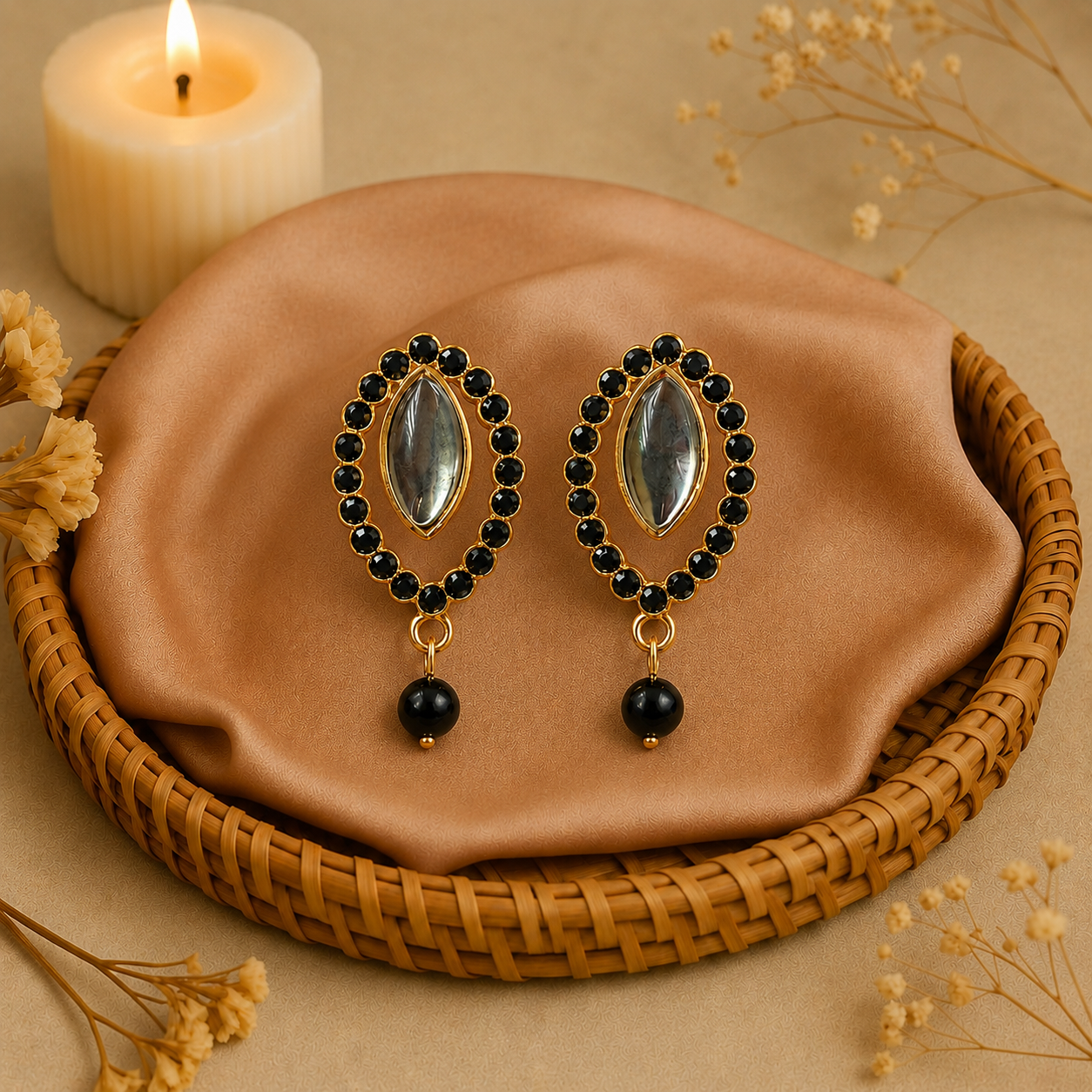 Black Onyx Look Oval Statement Earrings with Pearl Drop for Women