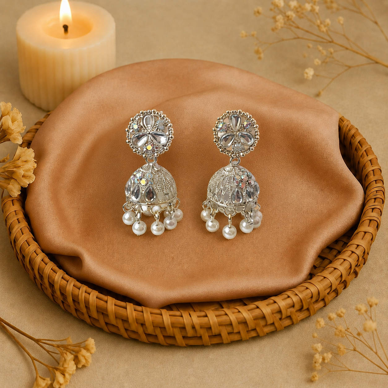 Pearl Silver Jhumka Earrings for Women | Elegant Traditional Earrings