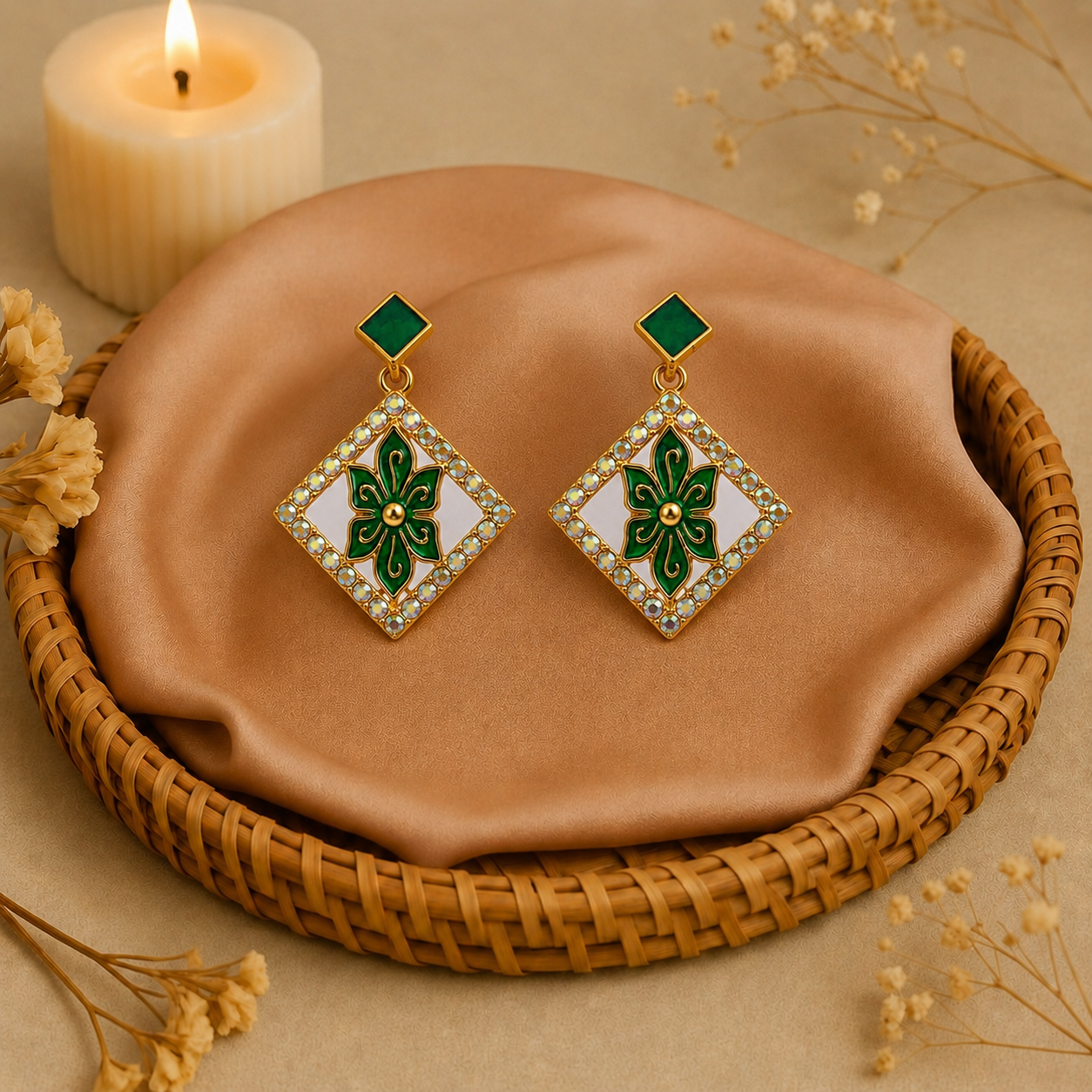 Emerald Green Floral Diamond Drop Earrings for Women | Gold-Plated Party Wear Earrings