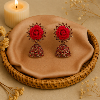 Rose Bloom Traditional Jhumka Earrings for Women | Red Floral Ethnic Party Earrings