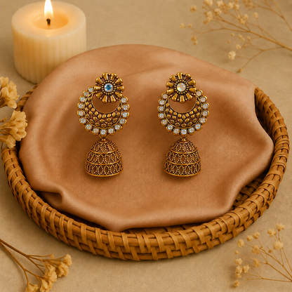 Antique Golden Chandbali Jhumka Earrings for Women | Traditional Statement Earrings