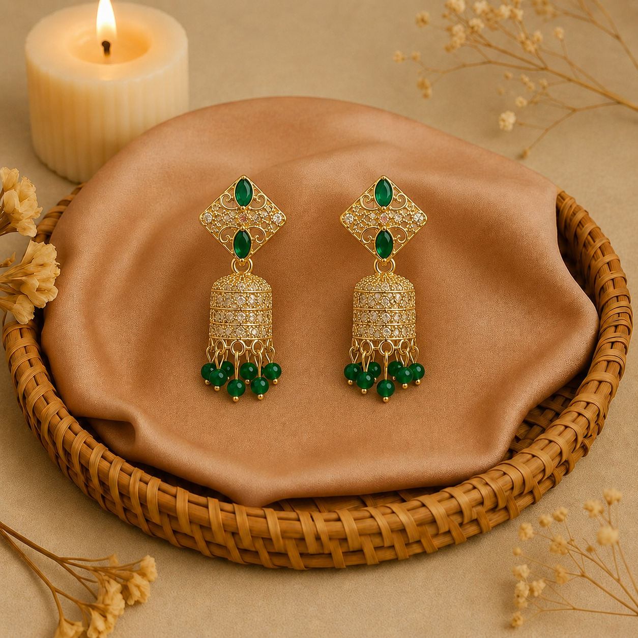 Green Stone Jhumka Earrings for Women | Traditional Drop Earrings