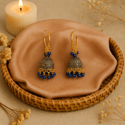 Blue Bead Hoop Jhumka Earrings for Women | Black Golden Traditional Earrings