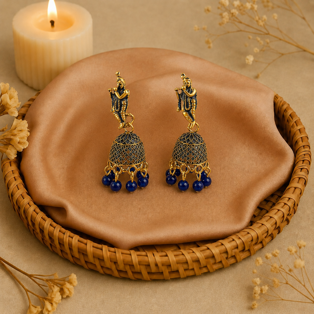 Blue Krishna Design Jhumka Earrings with Bead Drops for Women and Girls