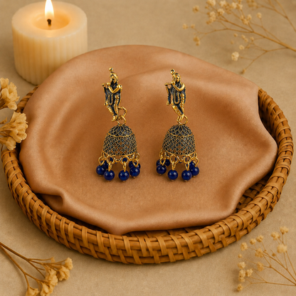 Blue Krishna Design Jhumka Earrings with Bead Drops for Women and Girls