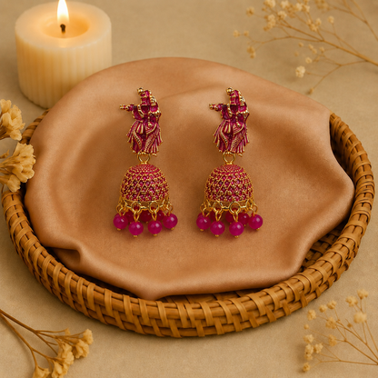 Radha Krishna Pink Jhumka Earrings for Women | Traditional Festive Earrings