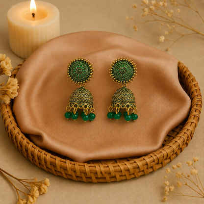 Green Bead Golden Traditional Jhumka Earrings for Women and Girls