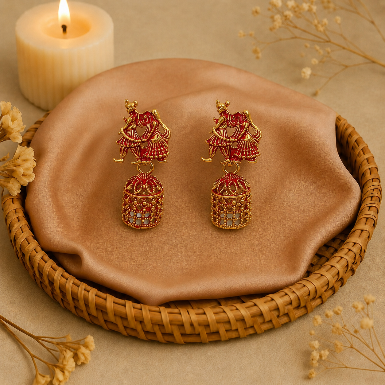 Radha Krishna Red Golden Traditional Jhumka Earrings for Women and Girls