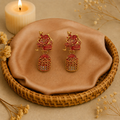 Radha Krishna Red Golden Traditional Jhumka Earrings for Women and Girls