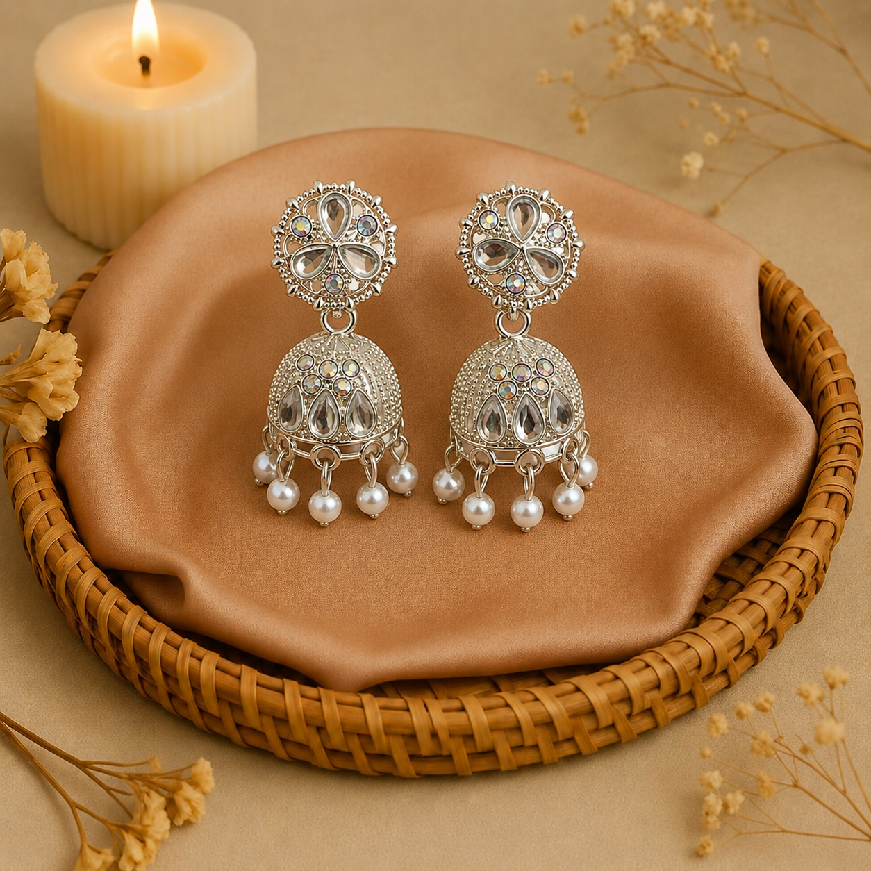 Aesthetic Silver Jhumka Earrings for Women | Korean Style Pearl Drop Party Earrings