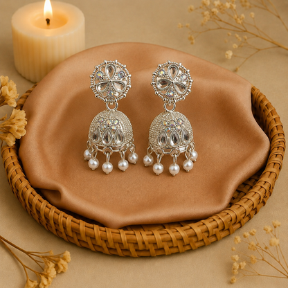 Aesthetic Silver Jhumka Earrings for Women | Korean Style Pearl Drop Party Earrings