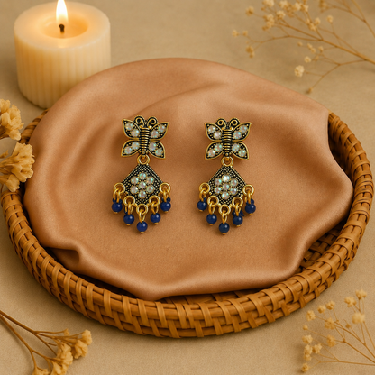 Blue Butterfly Charm Earrings with Bead Hangings for Women and Girls
