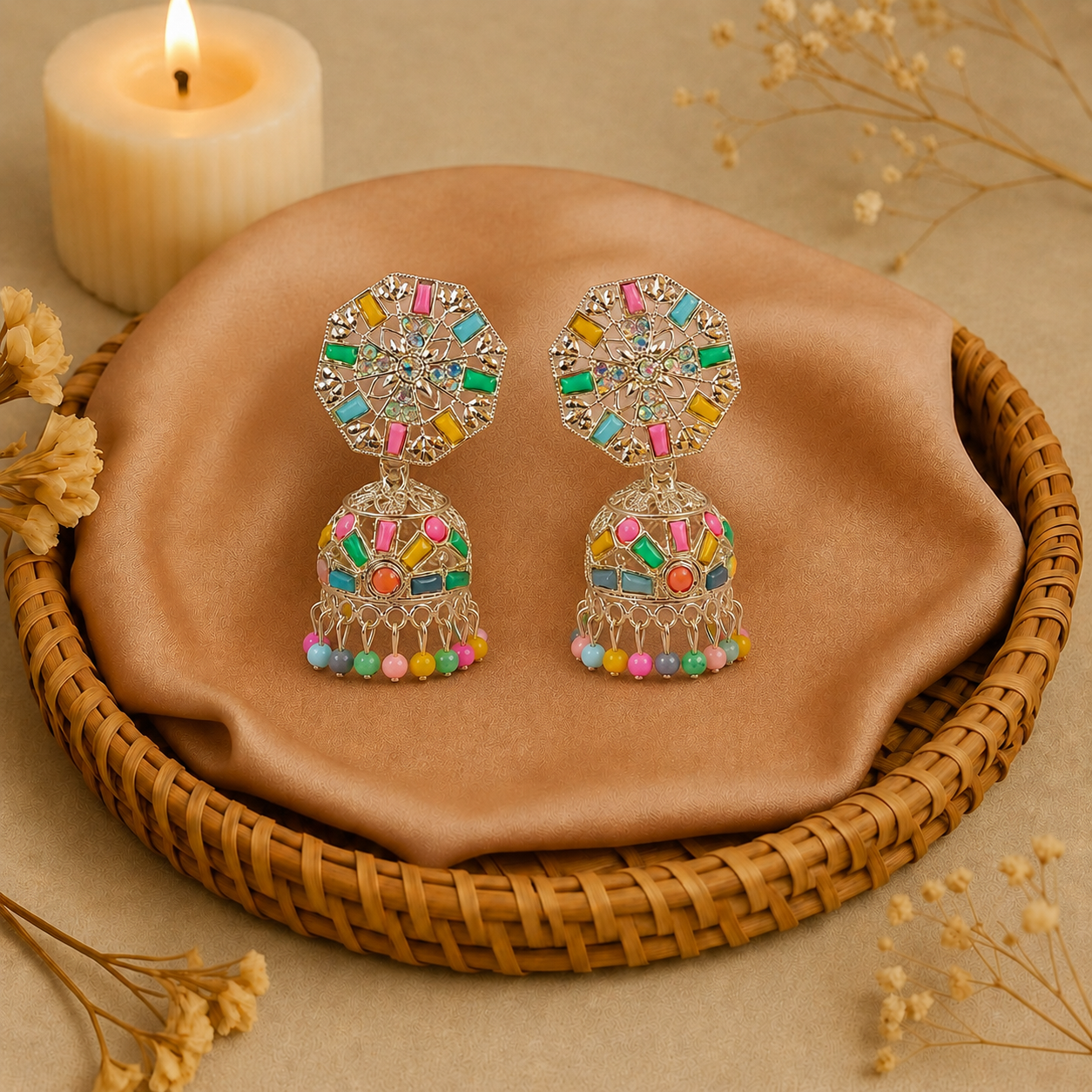 Multicolor Mosaic Jhumka Earrings with Pastel Bead Drops for Women and Girls