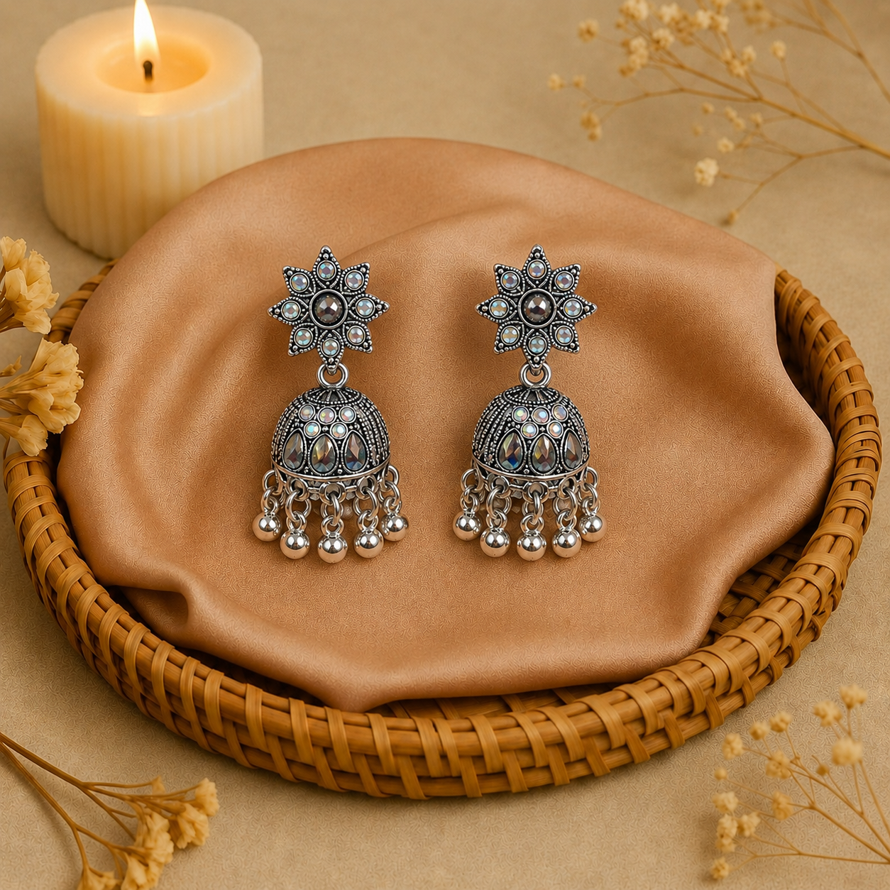 Oxidised Silver Star Jhumka Earrings for Women | Traditional Stone Earrings