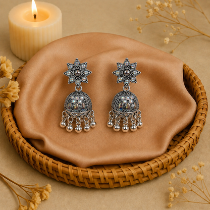 Oxidised Silver Star Jhumka Earrings for Women | Traditional Stone Earrings