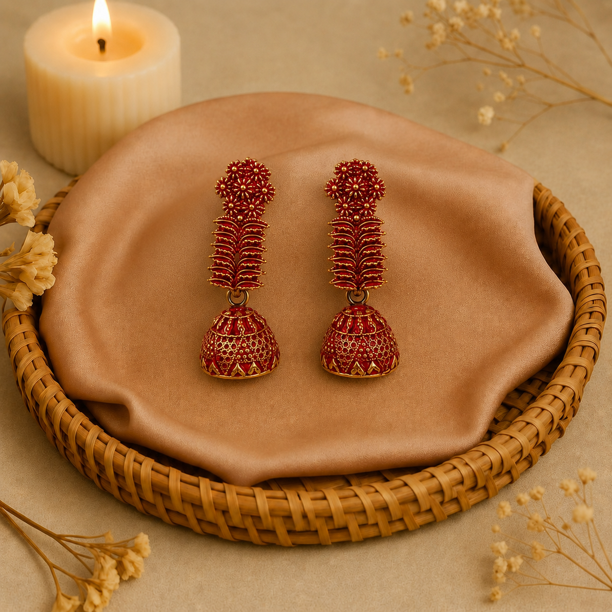 Red Golden Floral Traditional Jhumka Earrings for Women and Girls