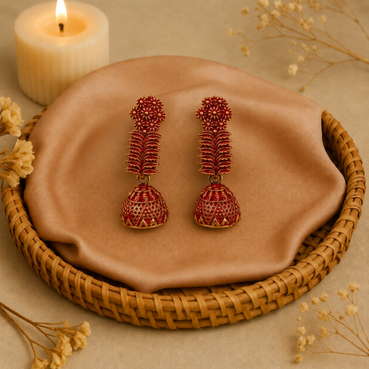 Red Golden Floral Traditional Jhumka Earrings for Women and Girls