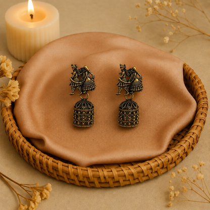 Oxidised Radha Krishna Jhumka Earrings for Women | Traditional Black Golden Earrings